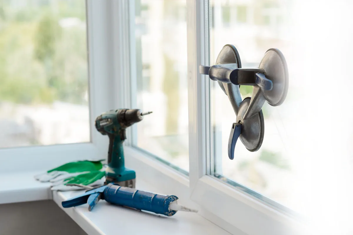Ventouses et pistolet à mastic posés devant une fenêtre à remplacer